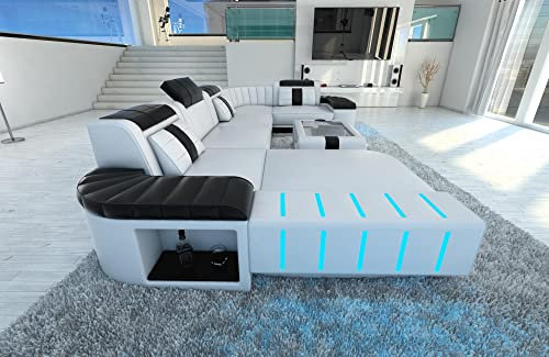 Sofa Bellagio U Form Wohnlandschaft Leder Couch mit LED Ledersofa mit Ottomane (Ottomane Links, Weiß-Schwarz)