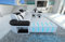 Sofa Bellagio U Form Wohnlandschaft Leder Couch mit LED Ledersofa mit Ottomane (Ottomane Links, Weiß-Schwarz)