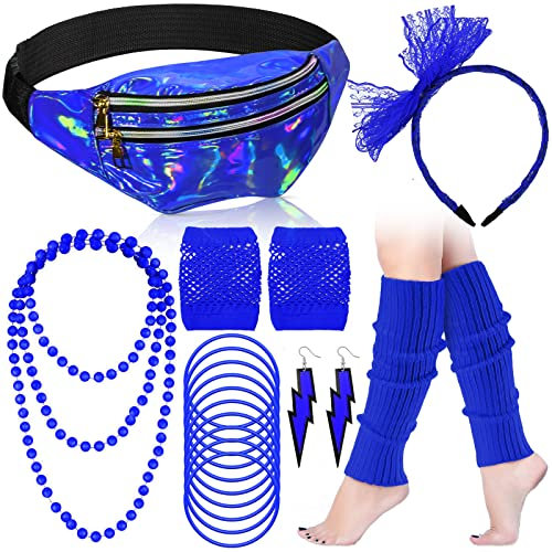 19 Stück 80er Jahre Kostüm Zubehör Holografische Bauchtasche Beinwärmer Spitze Stirnband Ohrringe Fischnetz Handschuhe Halskette Armband (Dunkelblau)