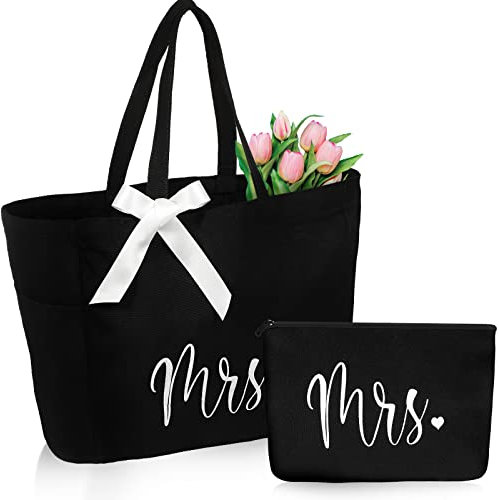 Cunno Brauttasche mit Make-up-Tasche, Frau Tragetasche, Brautparty-Geschenke für Braut, Hochzeit, Junggesellinnenabschied, Brautgeschenke, Miss to Mrs, Schwarz