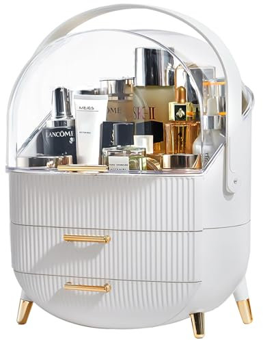 Suyoo Makeup Organiser Storage Box, Cosmetics Display Case with Transparent Cover, Dust Proof Waterproof Cosmetics Storage Box Suitable for Bathroom Countertop and Bedroom Vanity Dresser (White)