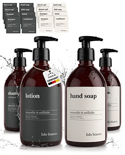 lido bianco® Seifenspender Set Kunststoff 500 ml [4er Set] Made in Germany & BPA frei | Shampoo Flaschen zum Befüllen inkl. 16x wasserfesten Etiketten