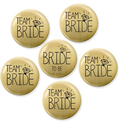 KOBOKO Team Bride, JGA Buttons, JGA Accessoires Frauen, Buttons Anstecker Junggesellinnenabschied Accessoires und Hochzeitsfeier Party Polterabend (Gold, 6 Stücke)