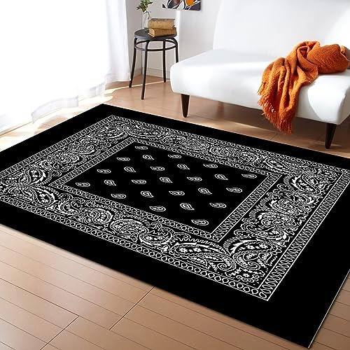 PAJEON Böhmischer Paisley Schwarz Bandana Druck Indoor-Teppich, 170 x 240 cm Kurzflor Kinderteppich - für Terrasse Garten, Küche, Bad Oder