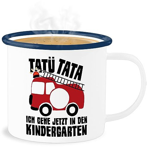Emaille Becher Blechbecher - Hallo Tassen - Tatü Tata Ich gehe jetzt in den Kindergarten - Feuerwehrauto - 300 ml - Weiß Blau - kindergartenkind kita start tasse kindergärten 1. kindergartentag
