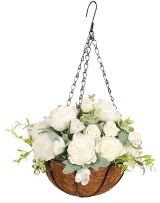Qianly Hanging Artificial Flowers Basket Flower Arrangement, Fake Peony Flowers, Hanging Basket Chain Flowerpot for Yard Patio Lawn, white