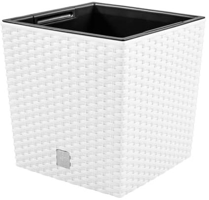 magubo Pflanzkübel in Rattan-Optik, inkl. Einsatz, quadratisch - Übertopf Groß für Haus und Garten, Moderner Blumentopf, Blumenkübel in Premium-Qualität (Weiß, 265)