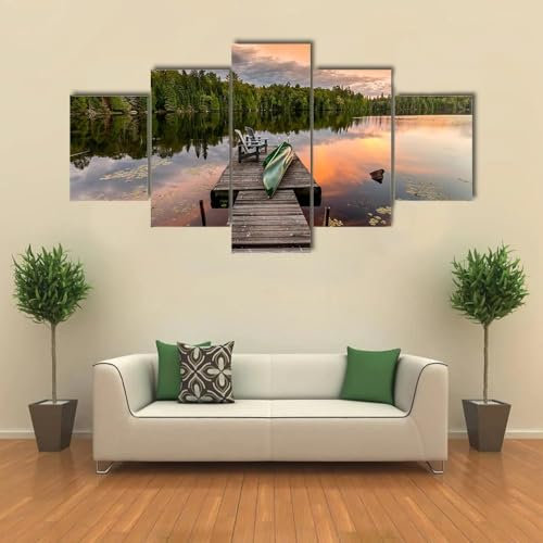 Leinwanddrucke Kreatives Geschenk 5 stück Leinwand Bilder Hd Drucke Poster abstrakt Grünes Kanu und Stühle am See Moderne Wandbilder XXL Wohnzimmer Wohnkultur 125x60cm