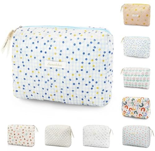 Dot-Blue Cotton Floral Travel Makeup Bag, Portable Cosmetic Storage Bag for Women & Girls