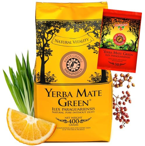 Yerba Mate Green SARSAPARILLA 400g ● Süß und Erfrischend Mate-Tee ● Sarsaparillablätter ● Matetee aus Mateblättern ● Yebra Mate-Tee mit GUARANA 50g ● Yerba Mate Tee loose leaf 450g ● Vegan