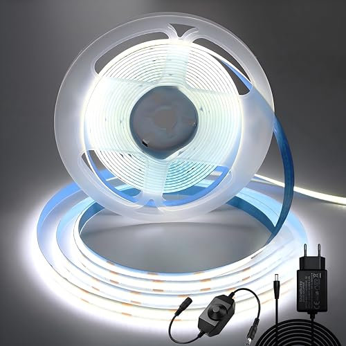 ShineBurky Striscia LED COB 5 Metri Bianco Freddo, 12V Luci LED Striscia Luminoso Strisce LED Flessibile per Interno Esterno Cucina Natale Camera da Letto Decorazione (con Adattatore)