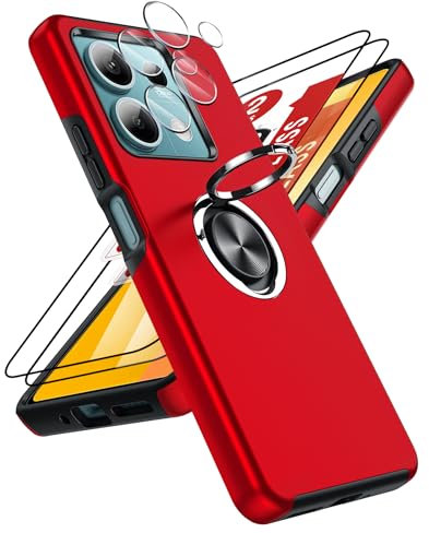 LeYi Coque pour Xiaomi Redmi Note 13 5G avec 2 Verre Trempé Vitre Protection, 2 Protection Camera et Anneau Telephone Invisible, Militaire PC et TPU Silicone Etui Antichoc Housse - Rouge
