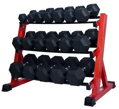 Strongway® Hex Dumbbells Set with Weights Storage Rack Stand 5KG-20KG Rubber Coated Cast Iron Weights - Gym Training Weight Lifting Exercise