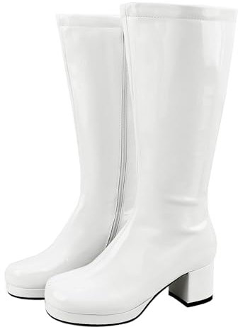 ErikenUrben Donna Wide Calf al Ginocchio Stivali Vernice Cuoio GoGo Stivali Tacco Largos Platform Tall Stivali 60s Festa Danza Costume Scarpe Zipper White Taglia 8