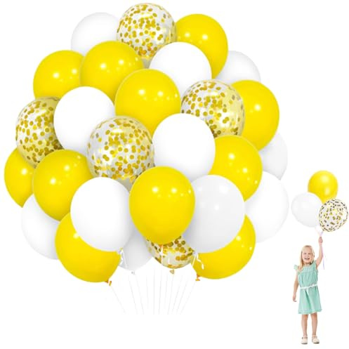 Luftballons Gelbe, 60 Stück Gelbe Weiß Goldene Konfetti Party Ballons, 100% Naturlatex, Geruchlos, Luftballons Geburtstag, 12 Zoll Latex Ballon für die Sonnenblumen Danksagung Honigbienen Mottoparty
