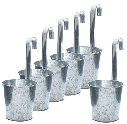 Spetebo Zink Garten Blumentopf für Geländer und Zaun - 6er Set - Balkon Hängetopf Silber mit Haken zum Aufhängen - Pflanzen Hängetöpfe Kräuter Topf Blumen Vase Übertopf mit Aufhängung