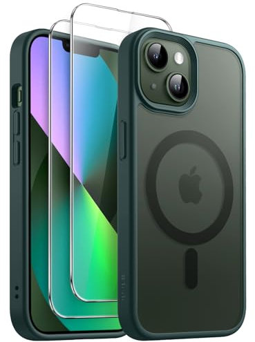 JETech 3 in 1 Cover Magnetica per iPhone 13 6,1 Pollici con Pacco da 2 Vetro Temperato Pellicola Protettiva, Compatibile con MagSafe, Traslucida Opaca Retro Custodia (Verde Scuro)