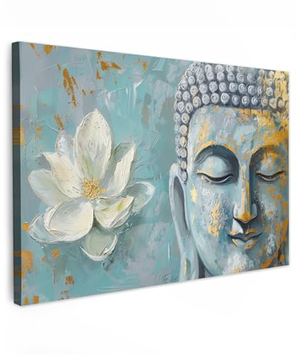 MuchoWow© Bild auf Leinwand Groß XXL Schlafzimmer Bilder Badezimmer Wand | 120x80 cm - Deko Wohnzimmer Modern Wanddeko Bilderwand Geschenk Buddha - Zen - Blume - Lotus - Gold - Luxus