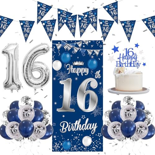 DUGEHO 16th Birthday Decorations Blue and Silver Happy 16th Birthday Banner 16th Birthday Party Decorations for Boys Girls, Balloons Banner Triangle Flags Birthday Door Wall 16th Party Decorations