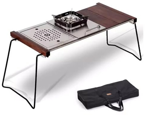 Camping Tisch Klappbar Holz mit Herd, Schöne Textur Robust und Langlebig, Camping Küche Grilltisch, für Camping, Picknick, Grillen