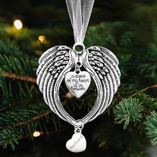Christmas Angel Wings Memorial Ornaments ”a piece of my heart is in heaven” Angel Wing Pendants Christmas Tree Hanging Ornaments Xmas Party Decorations (Husband)
