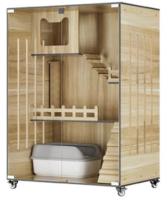 127cm indoor cat bed;3-layer large indoor cat cabinet cat bed with wooden bed,glass door, 2 ladders,indoor cat fence can accommodate 1-3 cats;provides plenty of space to play A,60*90*126.5cm