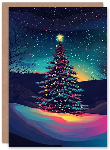 Artery8 Radiant Decorated Tree Winter Night Blank For Him Or Her Art Xmas Festive Christmas Card