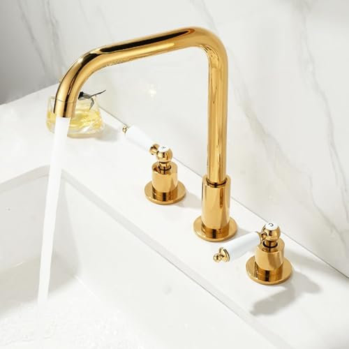 ZYCDP Robinet de Lavabo 3 Trous Mitigeur Lavabo Or Vintage, 2 Poignées Mitigeur de Lavabo Retro Pivotant 360 Robinet Lavabo Laiton