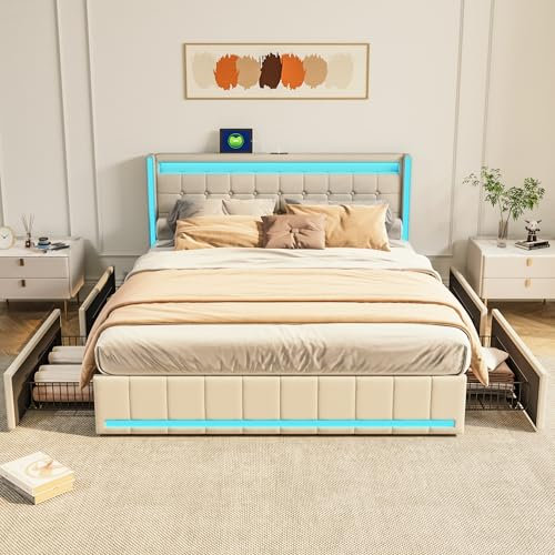 BPKADHY Polsterbett 140x200 cm, Doppelbett mit Stauraum 4 Schubladen, LED Kopfteil mit USB-C, Stauraumbetten Jugendbett Bettgestell mit Lattenrost aus Holz, Leinenmaterial Beige,Ohne Matratze