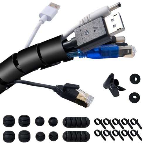 Garrulo Kabelschlauch Schwarz Selbstschließend 2M - 28 mm, Flexibel Kabelkanal mit 10* Silikon Kabelhalter+10* Kabelbinder+2 * 1M Selbstklebende Klettband+1* Drahtführungsclip, Kabelspirale für TV/PC