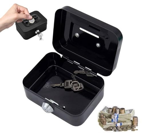Kleine Geldkassette, Kleiner Safe, Geldkassette Abschließbar mit Schlüssel, 11,5 x 8,5 x 5,8 cm, Metallschließfach Sparbüchse mit Tastensperre, Geldtasche, Tresor, Kasse mit 2 Schlüsseln(Schwarz)