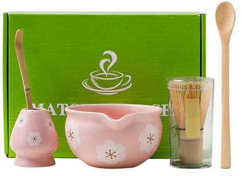 Matcha Set Whisk and Bowl Matcha Tea Set with Matcha Whisk, Traditional Matcha Spoon and Matcha Whisk Holder(Pink)