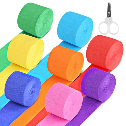 8 Rolls Krepppapier Bunt, 8 Farben Kreppband Bunt, Kreppbänder Regenbogen, Crepe Papier mit 1 Schere für Hochzeiten, Geburtstage, Partydekorationen (4.5cm x 25m)