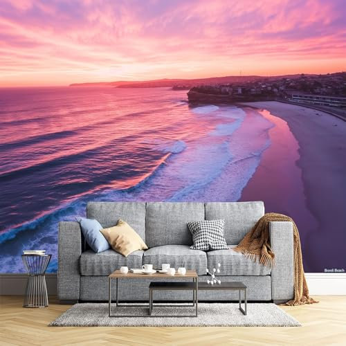 JEDTAKCT 300X210Cm Seidetapete Romantischer Strandtapete Elegance Tapete Im Rosa Sonnenuntergang Design Tapete Wandtapete Wohnzimmer Schlafzimmer Flur Strukturtapete