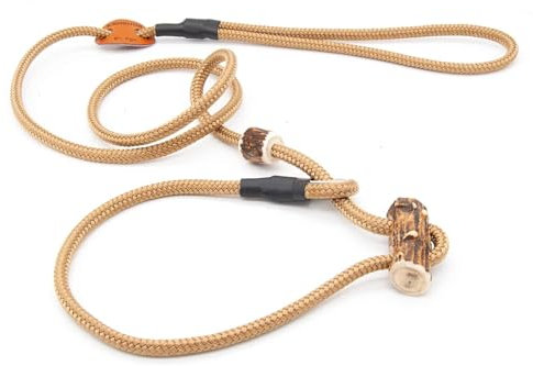 Retrieverleine 6 mm | Champagner | Moxon-Leine mit hochwertigem Horn-Zugstopp | robuste, wetterfeste Hundeleine aus Tau mit integrierter Halsung - 130 cm