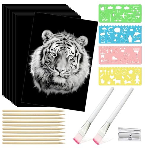 Swiixxer 67-Teiliges Kratzpapier-Kunst-Set für Kinder und Erwachsene Kratzpapier-Bastelset 50 Blatt 8,5 X 11,0 A4 Schwarzes Beschichtetes Kratzpapier