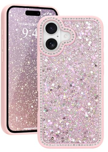 Ethanger Glitter Rhinestone Crystal Case for iPhone 16, Pink | Glamorous Sparkling Back, Aesthetic Bling Diamond Cover, for Women Girls, Shockproof Protective Phone Case