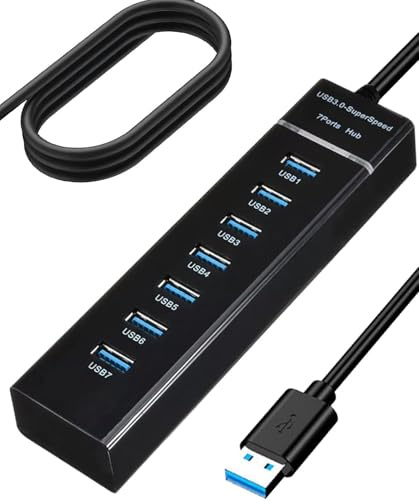 7 Port USB3.0 Hub with 1.2M Long Cable, 5Gbps USB Extender Fast Data Transmission Extension Hubs DC 5V Multi USB Splitter Multiport Adapter for USB 3.0 2.0 1.0 Device Laptop PC Desktop Compute