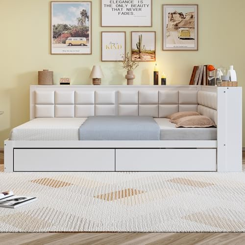 Idemon Sofa-Holzbett 140 x 200, multifunktionales Bett mit weicher Rückenlehne, großer Stauraumschublade, Einzelbett, Jugendbett, Holzbett aus Kiefernholz, (White)