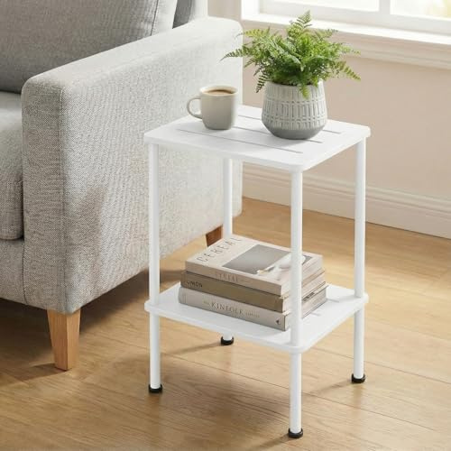 ZEXVIDA 2-Tier Bamboo Side Table, Slim End Table & Nightstand for Bedroom, Living Room, Sofa Side Table Coffee Table for Narrow Small Spaces (White)