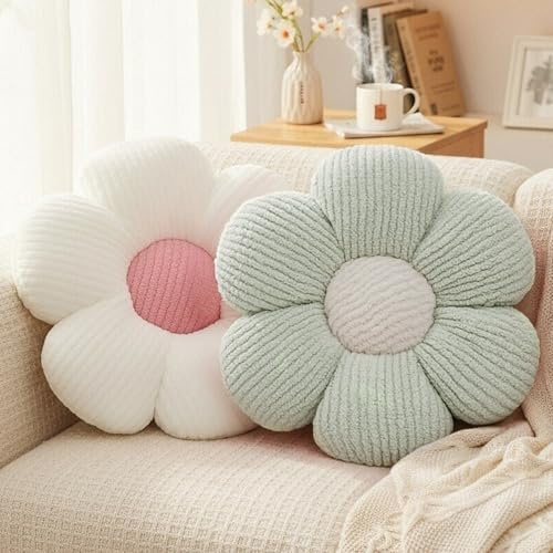 HonorHut 2 Stück Blumenkissen 40 cm Zierkissen für Kinder Mädchen Couch Sofa Stuhl Sitzkissen weiß und blau