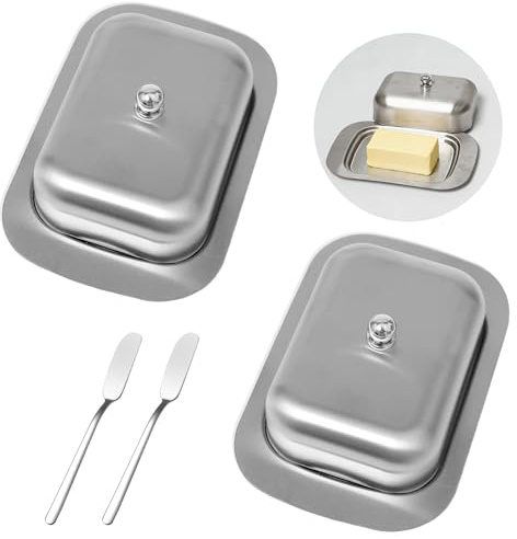 Bofanze 2 Piezas Mantequera para Nevera Butter Dish with Lid | para mantequilla, postres y fruta, de acero inoxidable, con rasqueta, con tapa