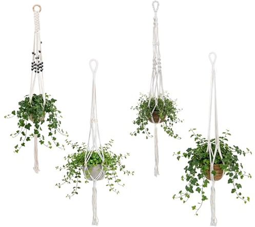 KissDate 4 Packs Macrame Plant Hangers Hanging Baskets with 8 Hanging Hooks | 100% Cotton Boho Style Artificial Degradable Rope, 105-110cm Ceiling Plant Holder for Garden, Office, Home Decoration