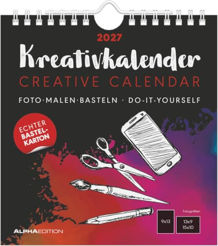 Kreativkalender S schwarz 2027: Bastelkalender 16x17 cm mit schwarzem Hintergrund, echtem Bastelkarton und gestaltbarem Titelblatt