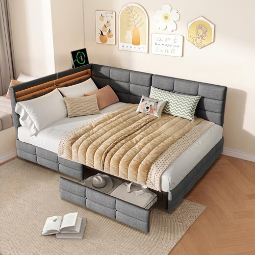 Polsterbett Schlafsofa 140x200, Doppelbett mit Hydraulischem Stauraum mit 2 Schubladen,Polsterbett mit LED-Licht und USB-Ladefunktion,Tagesbett Jugendbett mit Lattenrost,Leinen(Grau-6, 140x200)