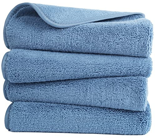 Polyte - Toalla de Manos de Microfibra superabsorbente antipelusa - Secado rápido - Azul - 40 x 76 cm - Pack de 4