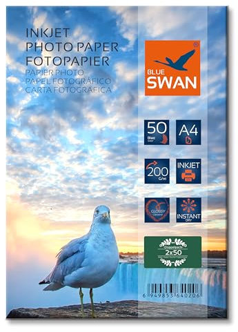 Blue Swan A4 Fotopapier, 200 g/m², 100 Blatt, Glänzend, Wasserabweisend, Schnelltrocknend, Einseitig, Kompatibel mit Tintenstrahldruckern