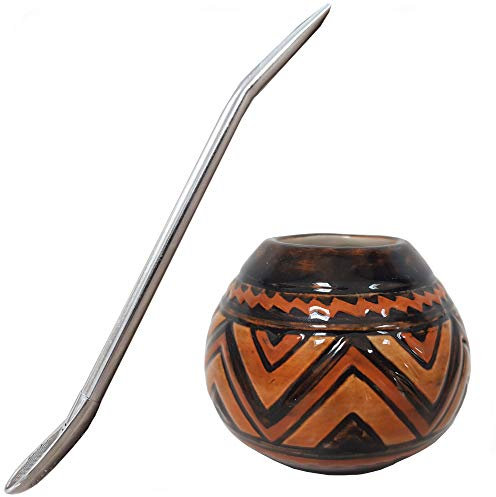 Gaucho Bruno - Kit con mate de cerámica y bombilla - Mate de cerámica con diseño tribal, bombilla de acero inoxidable - Reusable, ideal para el hogar o para viajes