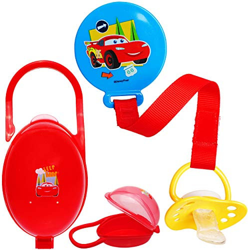 alles-meine.de GmbH Set: Schnullerbox/Dose + Schnullerkette - Cars - Auto - Lightning McQueen - BPA frei - Schnuller - mit Henkel - Haken - Schnullerdose - für Jungen/Kinder ..