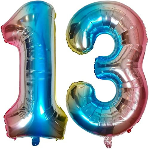 DIWULI Luftballon 13 Geburtstag XL Blau Regenbogen - Folienballon 13, Zahl 13 Ballon 13 Jahre, Geburtstagsdeko 13. Geburtstag Party-Deko Junge Mädchen, Zahlen-Ballon Groß Dekoration, Zahlen-Luftballon